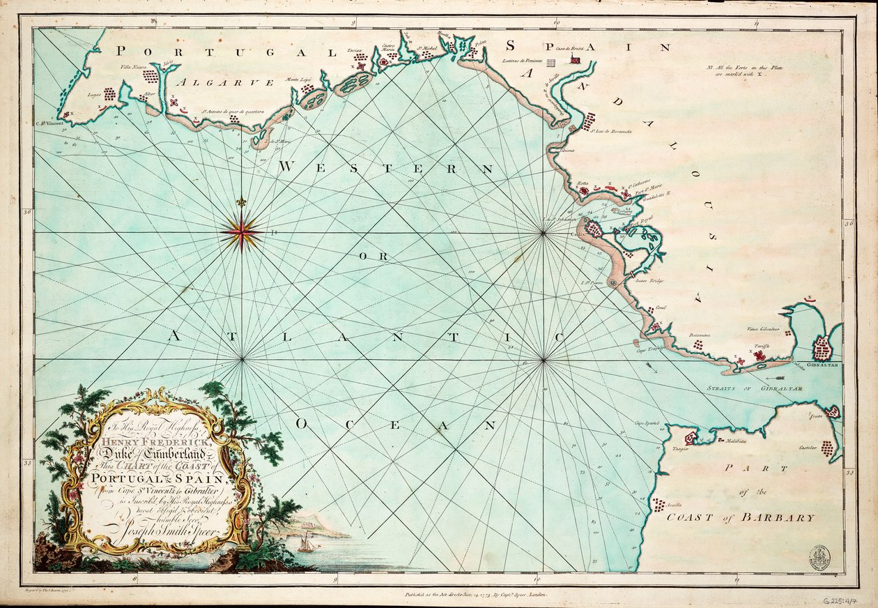 Karte der Küste von Portugal und Spanien, von Kap St. Vincent bis Gibraltar von Joseph Smith Speer