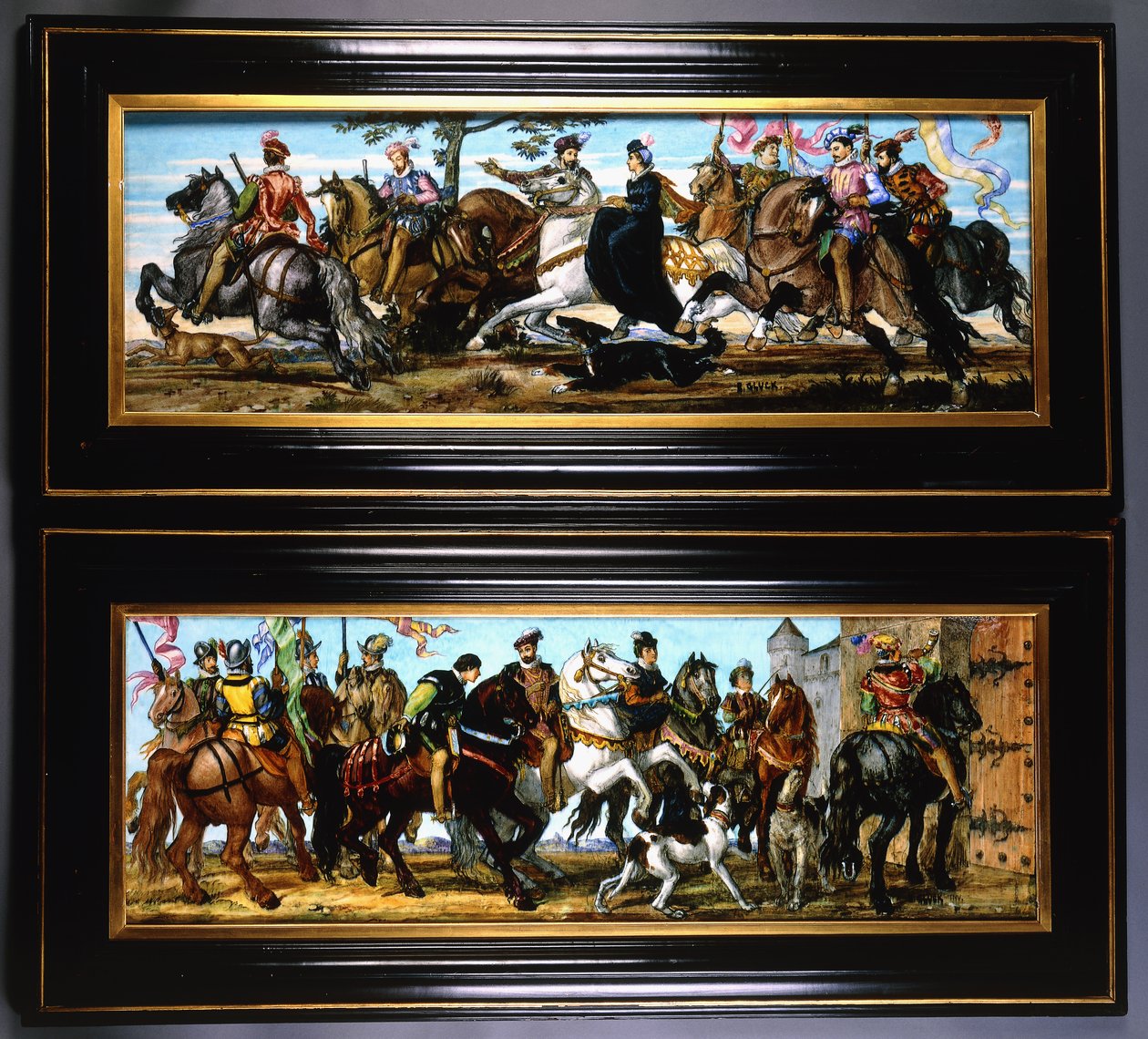 Ein Paar Töpferwandplatten, die mittelalterliche Szenen von Jägern mit Hunden darstellen von Joseph Theodore Deck