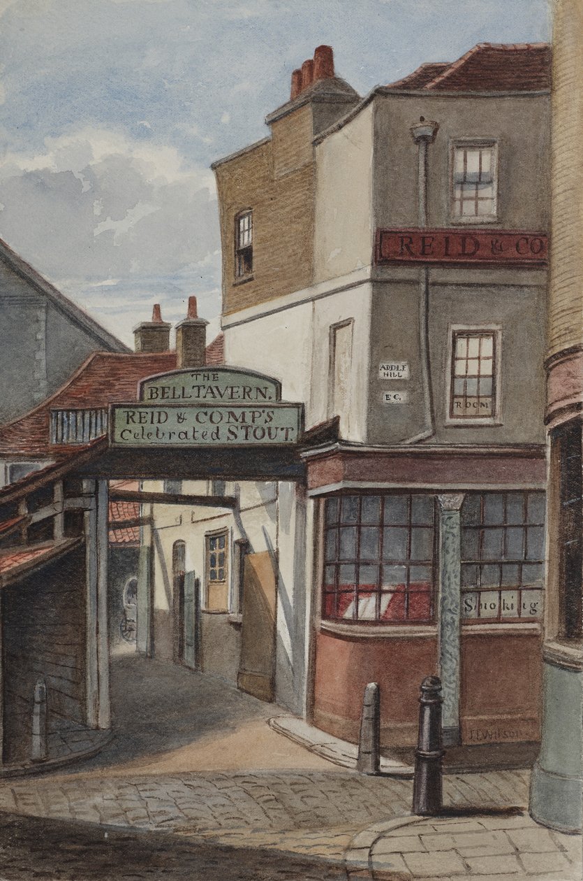 Ansicht der Bell Tavern, Addle Hill, mit Schild für Reids und Companys berühmtes Stout und einem Bordsteinpfosten von Joseph Thomas Wilson