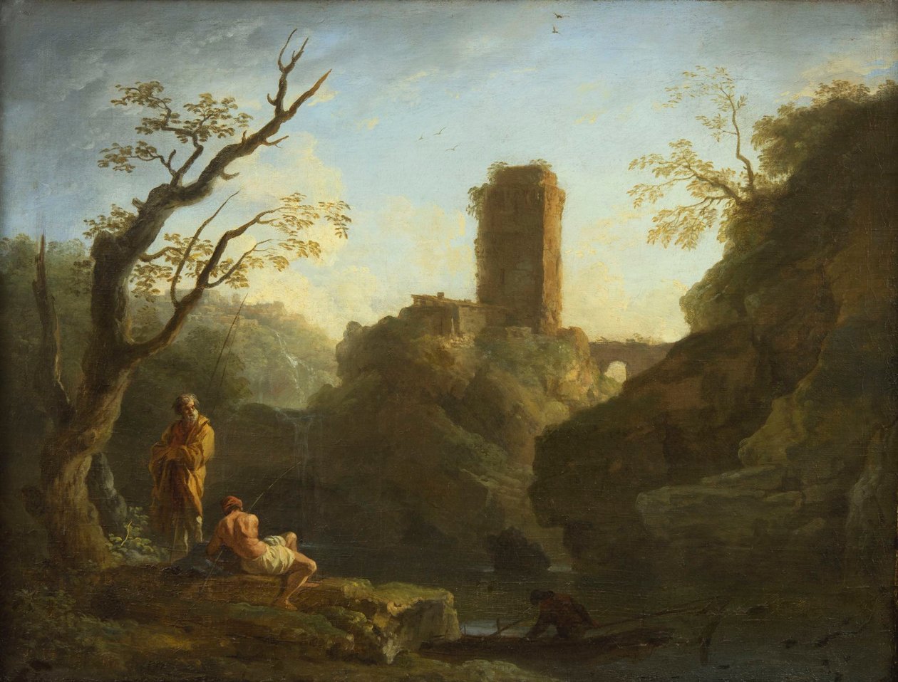 Eine Landschaft mit einem Baum und zwei Männern, ein Turm im Hintergrund von Joseph Vernet