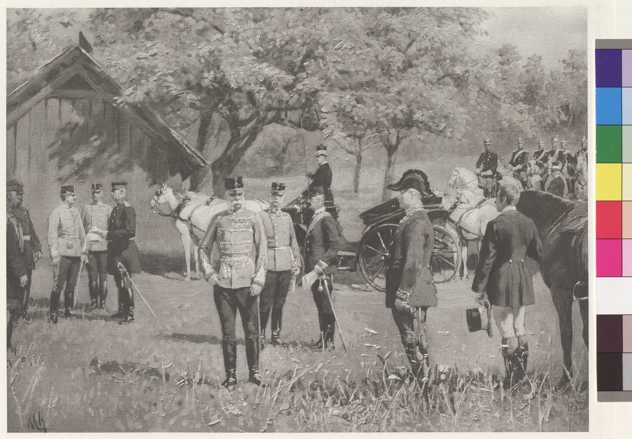 Kaiser Franz Joseph I. und Kaiser Wilhelm II. auf dem Rendezvousplatz in Totis von Joseph Walter