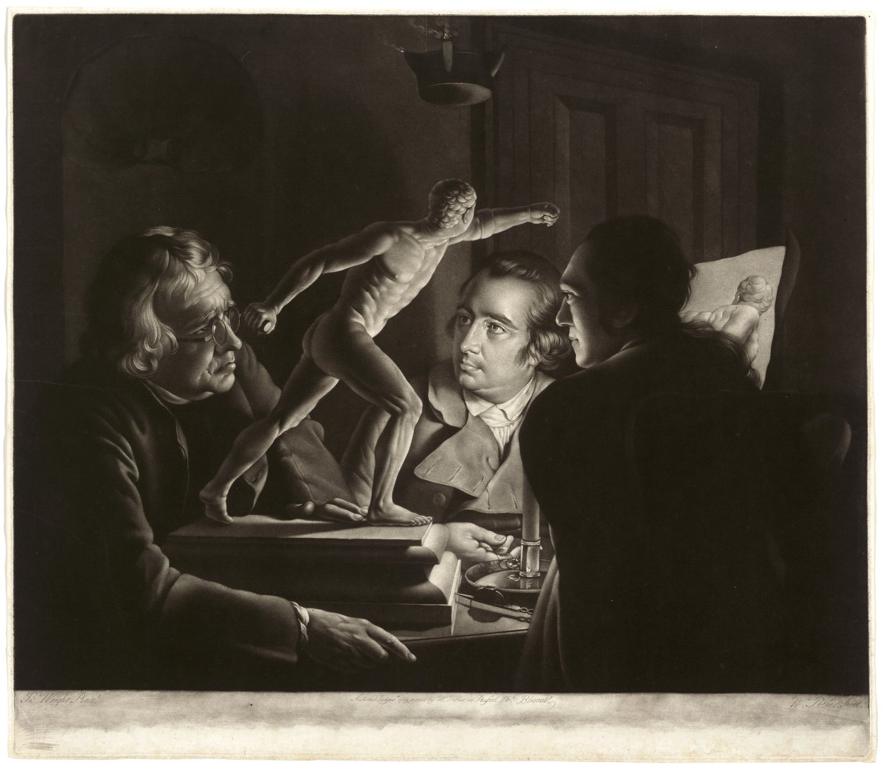 Drei Personen betrachten den Gladiator bei Kerzenlicht, graviert von William Pether von Joseph Wright of Derby