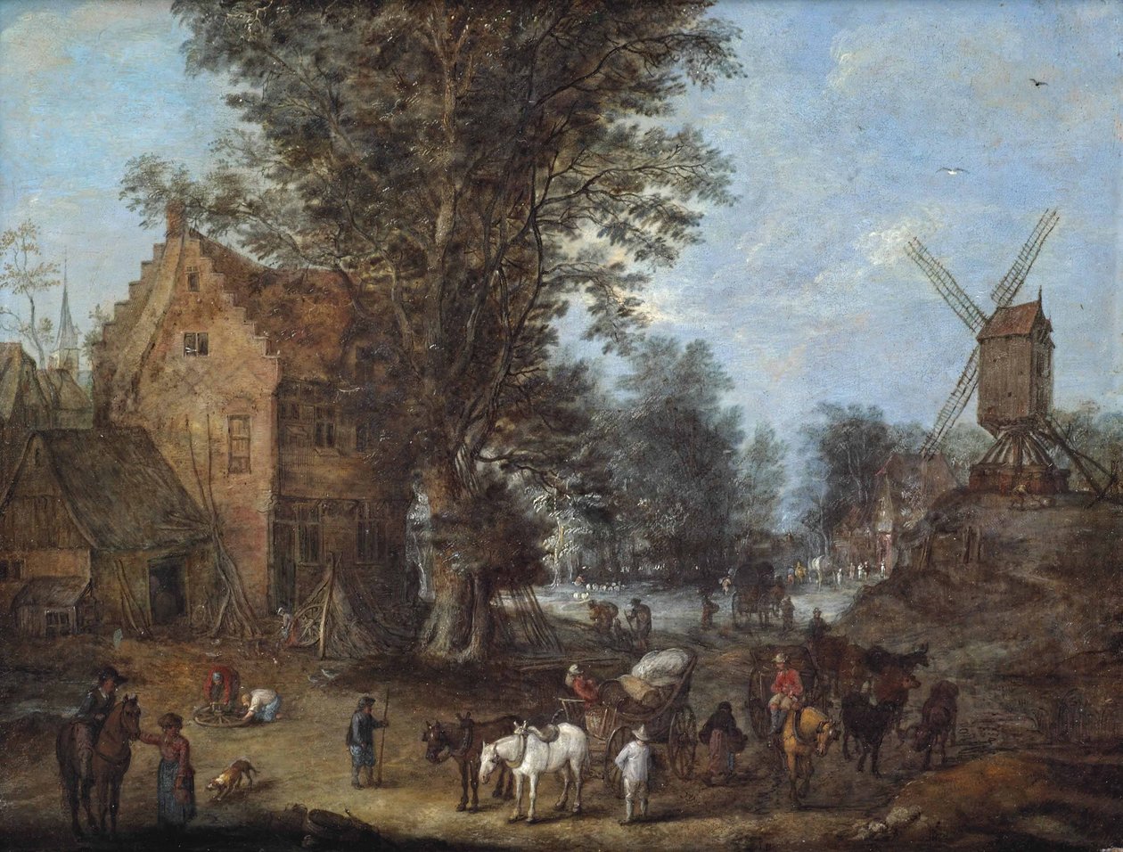 Dorfszene mit Reisenden und Fuhrleuten und zahlreichen anderen Figuren bei ihren täglichen Aktivitäten von Joseph van Bredael