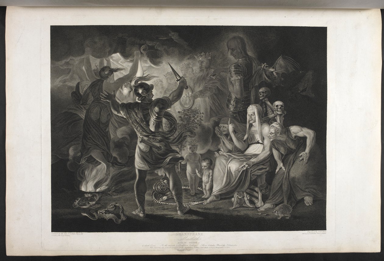 Macbeth. Akt IV. Szene I. Eine dunkle Höhle. In der Mitte ein kochender Kessel. Drei Hexen. Macbeth. Hekate. Macbeth steht den Hexen und den Erscheinungen gegenüber; zu seinen Füßen, in einer zusammengerollten Schlange, stehen ein kleines blutiges Kind und von Joshua (after) Reynolds