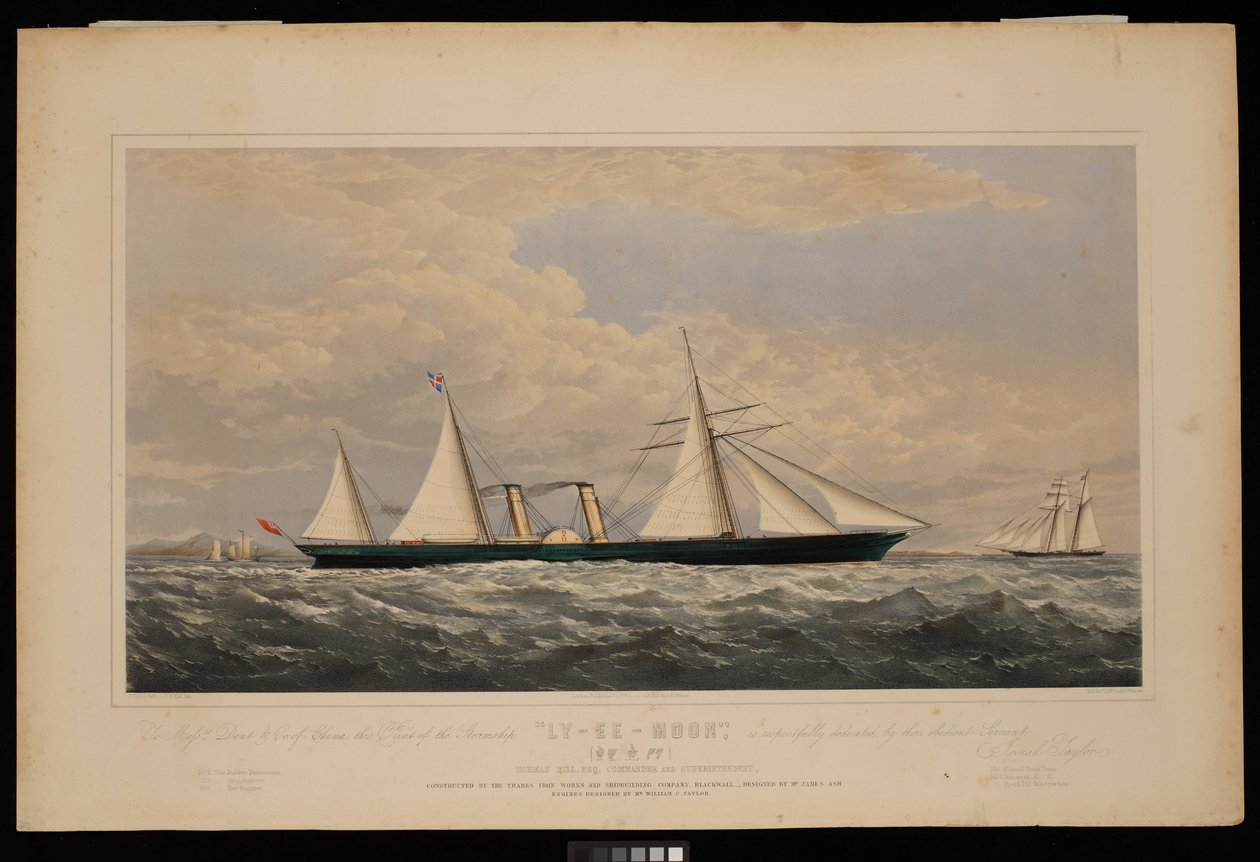 An Messrs Dent & Co aus China, dieser Druck des Dampfschiffs Ly-Ee-Moon, Norman Hill, Esqr Kommandant... gebaut von der Thames Iron Works and Shipbuilding Company, Blackwall..., ca. 1860 von Josiah Taylor