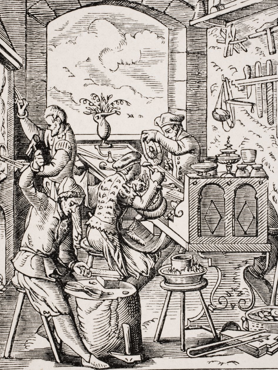 Goldschmied, Reproduktion eines Holzschnitts aus dem 16. Jahrhundert von Jost Amman von Jost (after) Amman