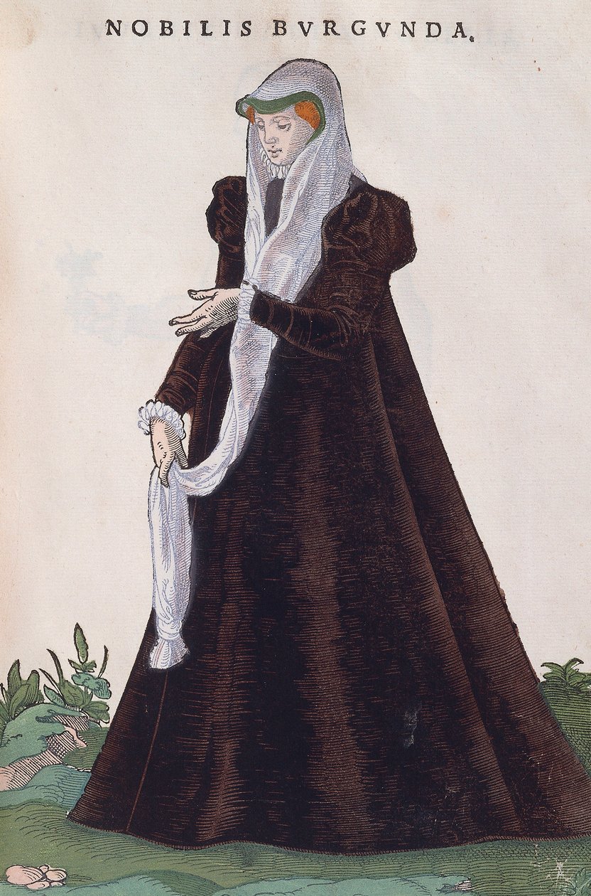 Burgundische Adelsfrau in traditioneller Tracht, Gravur aus Habitus praecipuorum popularum von Jost Amman