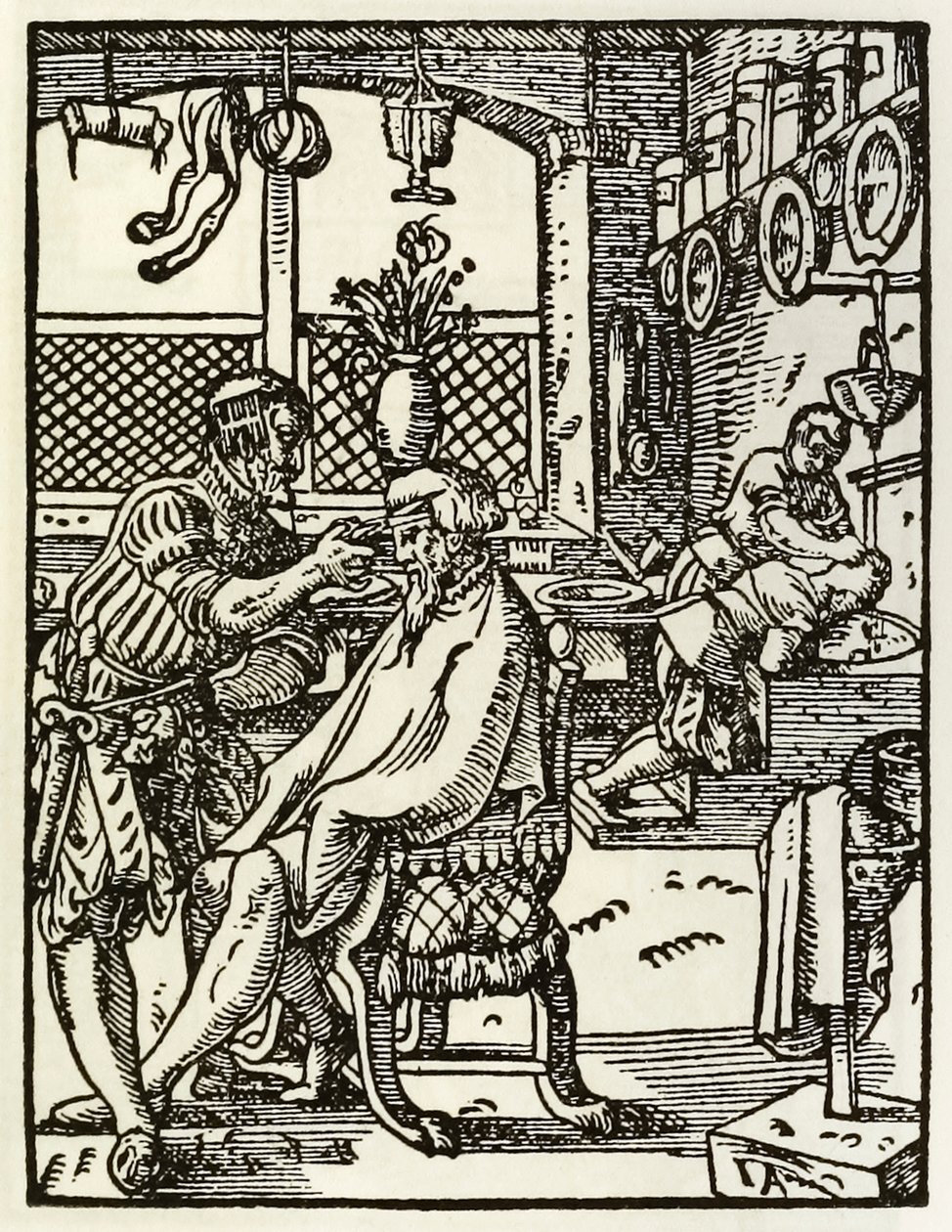 Die Barbiere aus einer Serie, die Berufe und Handwerke darstellt, erstmals veröffentlicht in Das Ständebuch 1568 in Frankfurt, Deutschland von Jost Amman