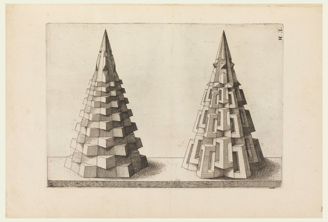 Zwei Kegel, Platte H. i. in Perspectiva. Corporium Regularium von Jost Amman