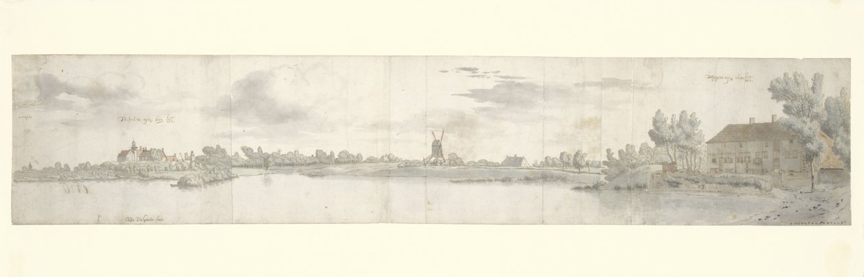 Panoramablick auf Schloss Ooij und das Zollhaus, Nordbrabant von Josua de Grave