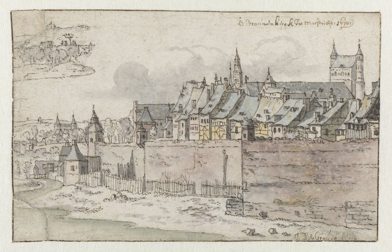 Ansicht der Mauern von Maastricht mit der Onze-Lieve-Vrouwekerk im Hintergrund von Josua de Grave