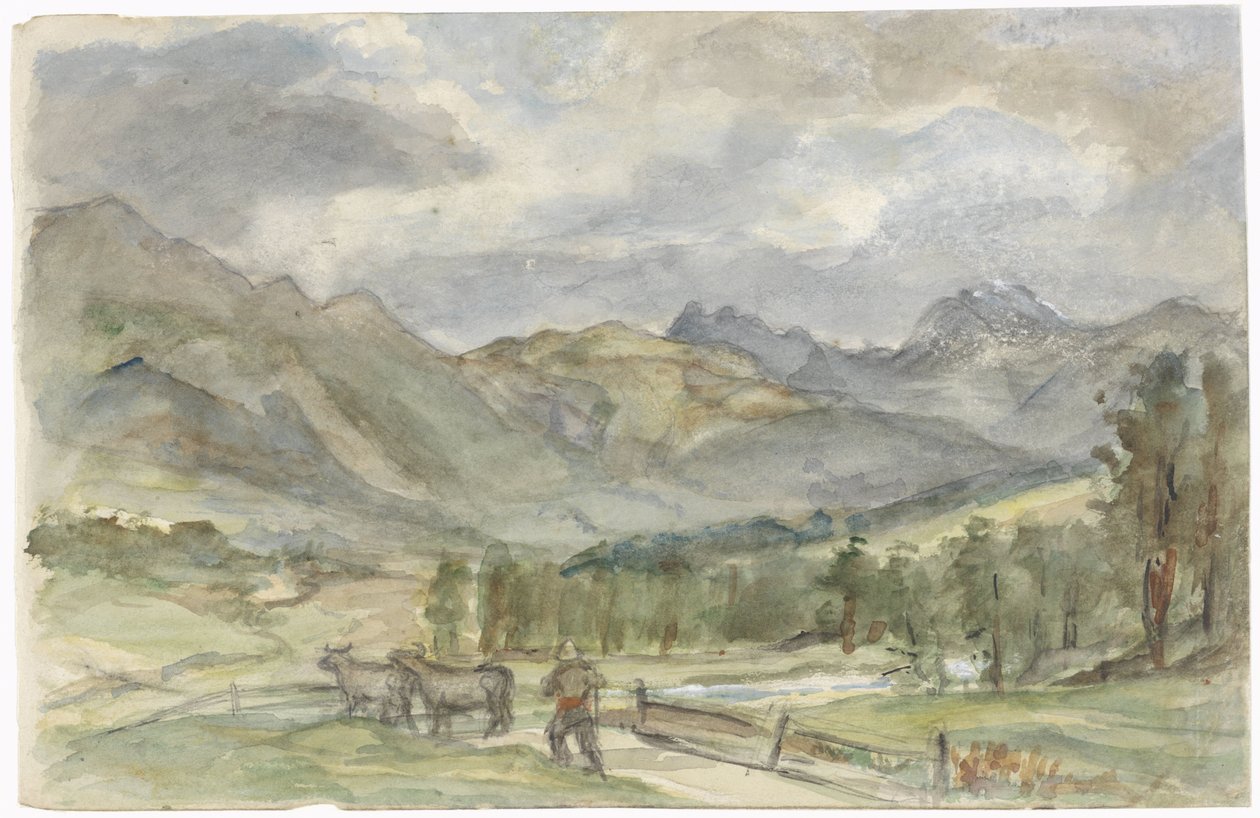 Berglandschaft mit Viehhirte und zwei Kühen von Jozef Israëls