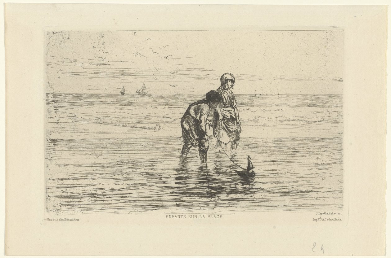 Kinder spielen mit einem Schiffchen am Strand von Jozef Israëls