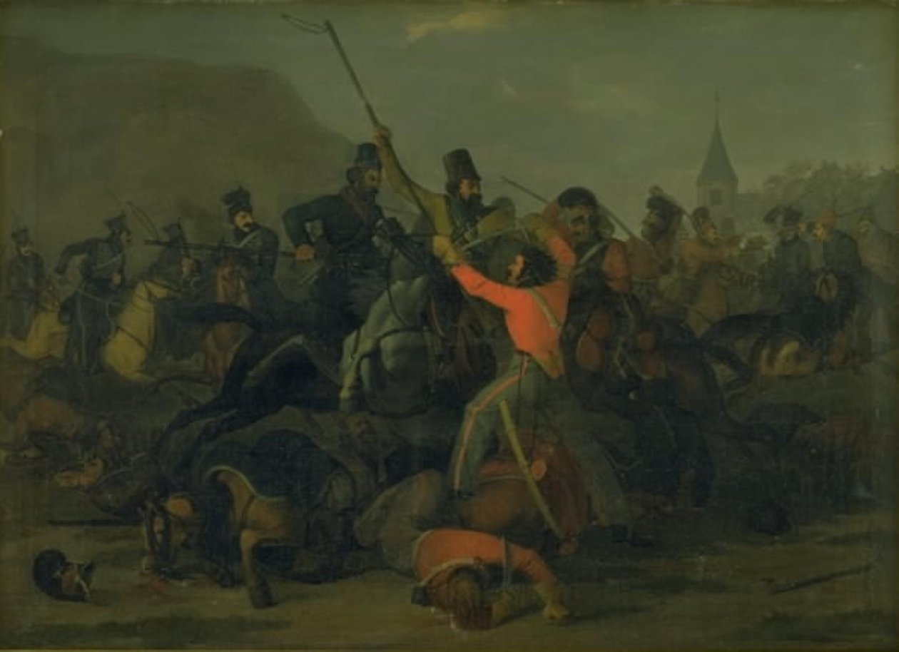 Oberst Boncke Bönnichsens Fall am 6. Dezember 1813 während eines Gefechts zwischen jütländischen Dragonern und Kosaken von Jørgen V. Sonne