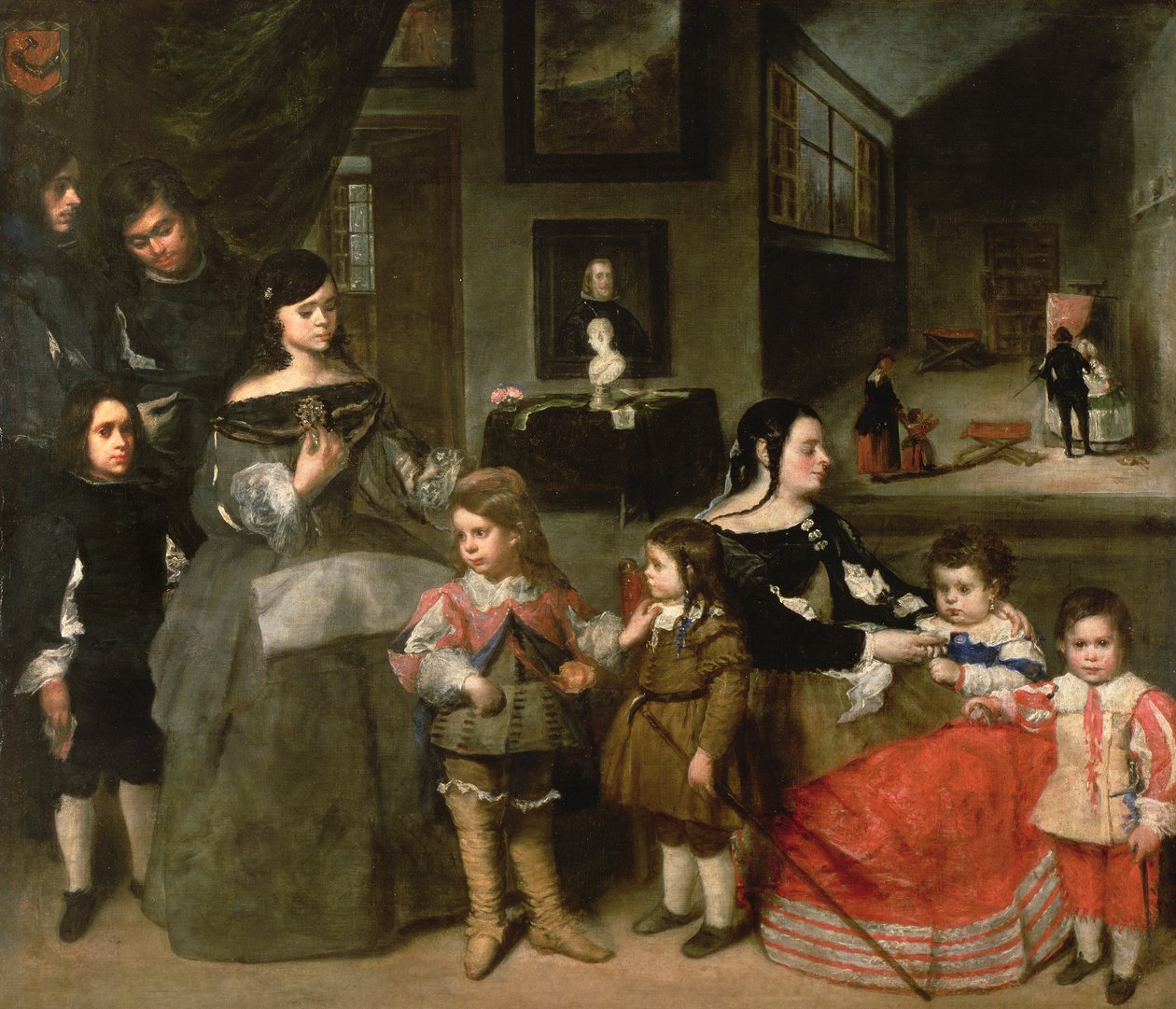 Die Familie des Künstlers, links die vier Kinder aus der ersten Ehe des Künstlers mit der Tochter von Diego Velasquez, Gaspar, Melchior, Baltasar und Maria Teresa; rechts seine zweite Frau Francisc von Juan Bautista Martinez Del Mazo