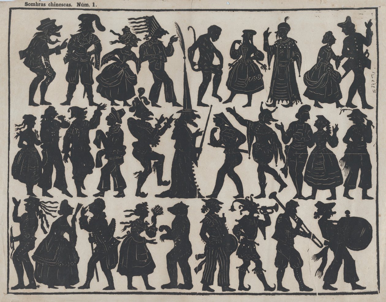 Blatt 1 von Figuren für chinesische Schattenspiele, ca. 1850-70 von Juan Llorens