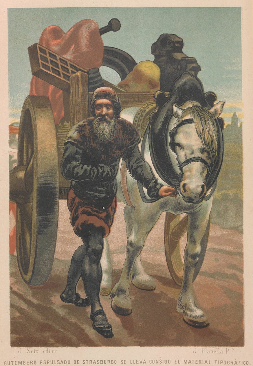 Johannes Gutenberg verlässt Straßburg. Aus: La ciencia y sus hombres, 1879 von Juan Planella y Rodríguez