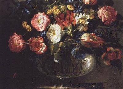 Rosen, Tulpen, Hyazinthen und Jasmin in einer Glasvase von Juan de Arellano