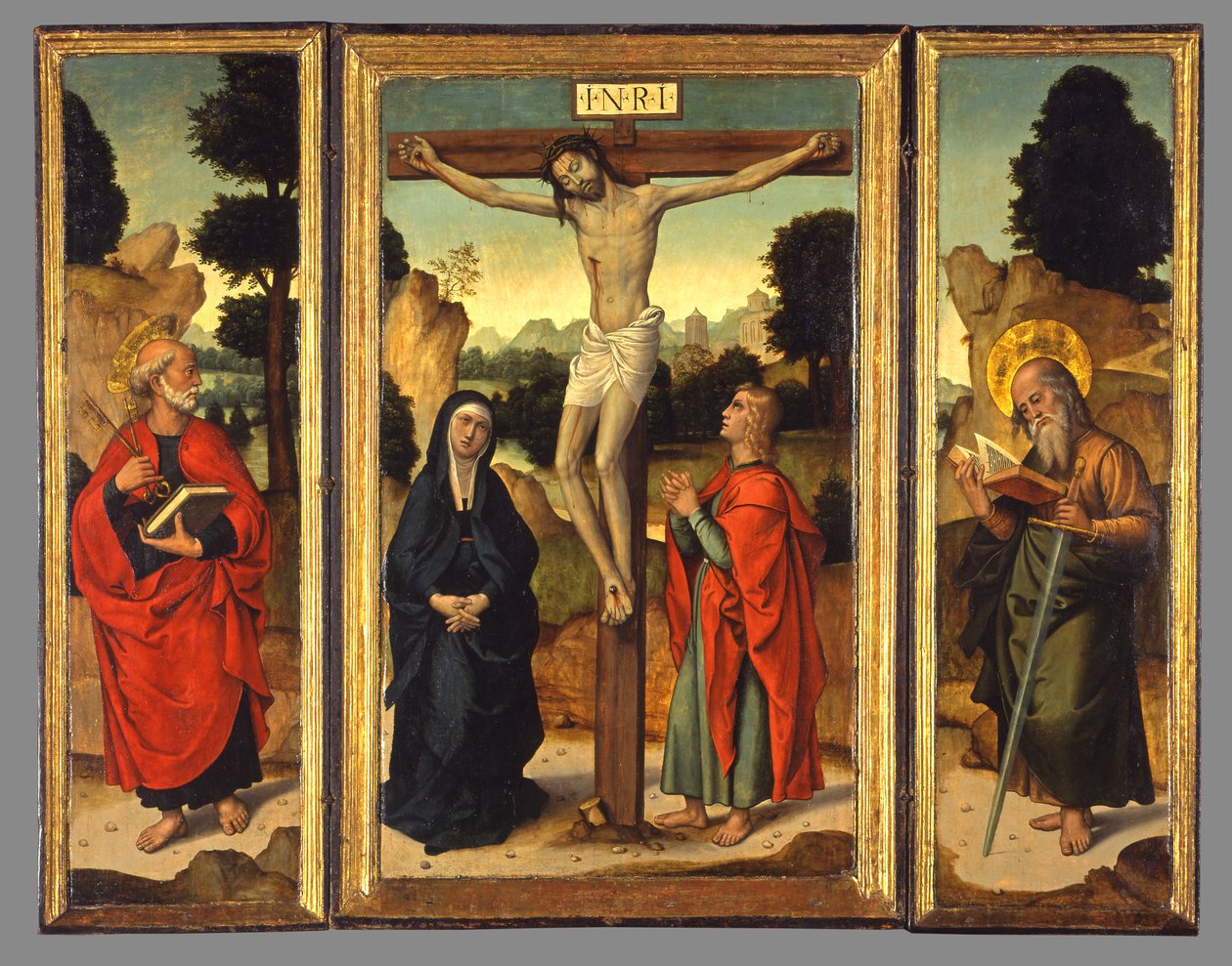 Kreuzigung mit der Jungfrau und den Heiligen Johannes dem Evangelisten, Petrus und Paulus, ca. 1520-1540 von Juan de Borgoña