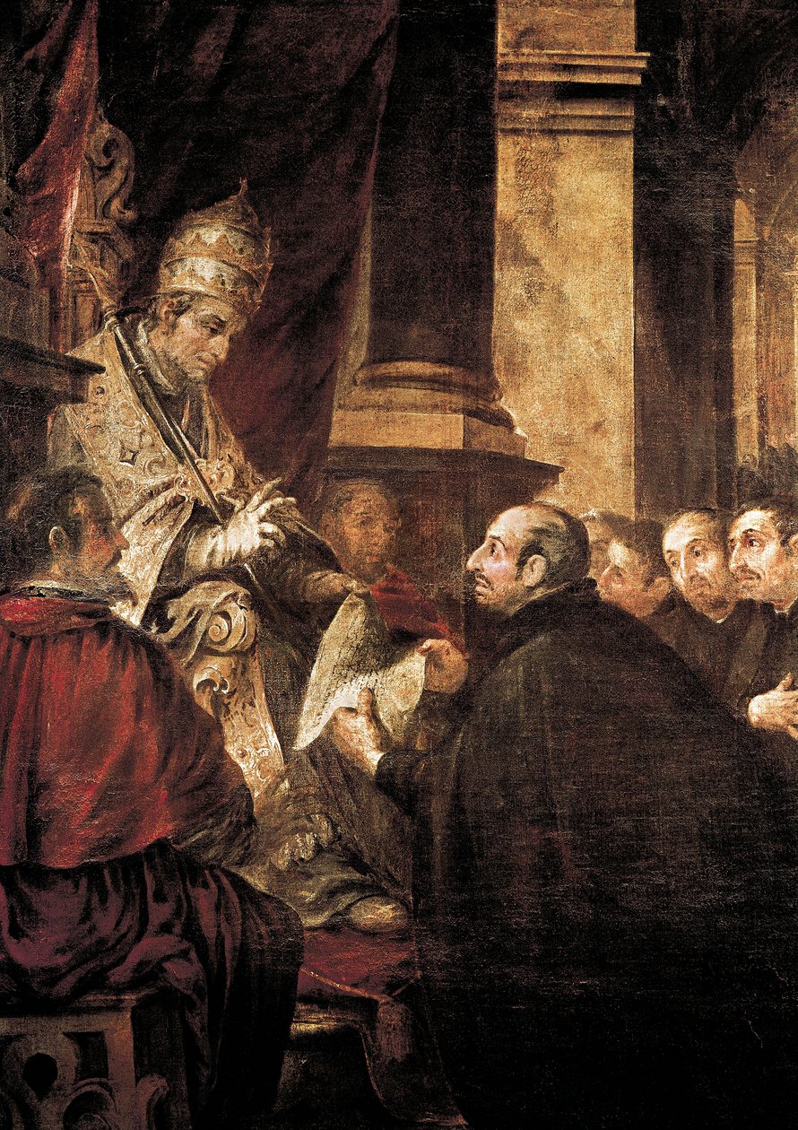 Ignatius von Loyola erhält die Bulle des Jesuitenordens von Papst Paul III., Gemälde von Juan de Valdes Leal von Juan de Valdes Leal