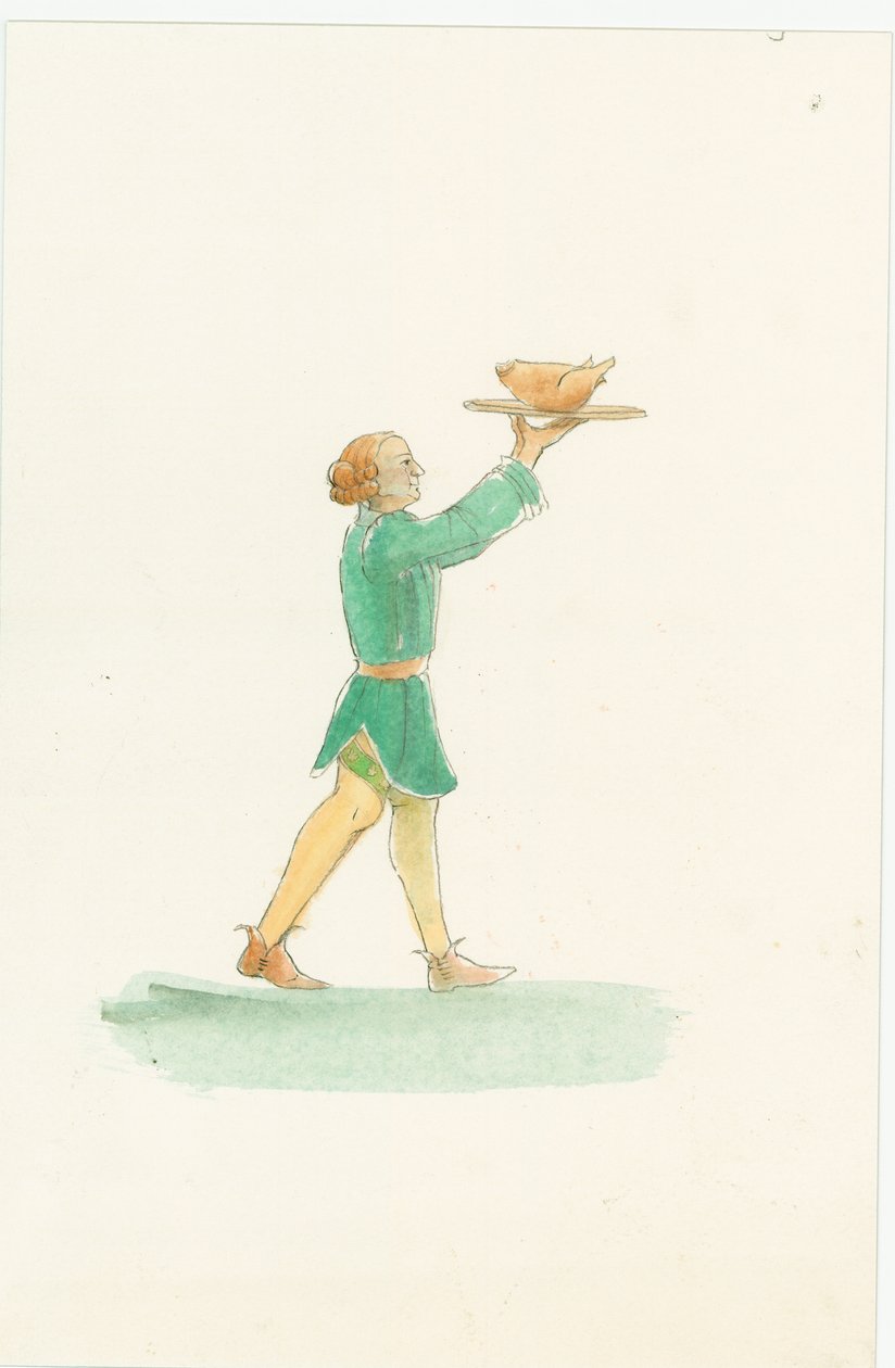 Ein mittelalterlicher Kellner, der eine Platte mit Essen trägt, 2004 von Judith Dobie