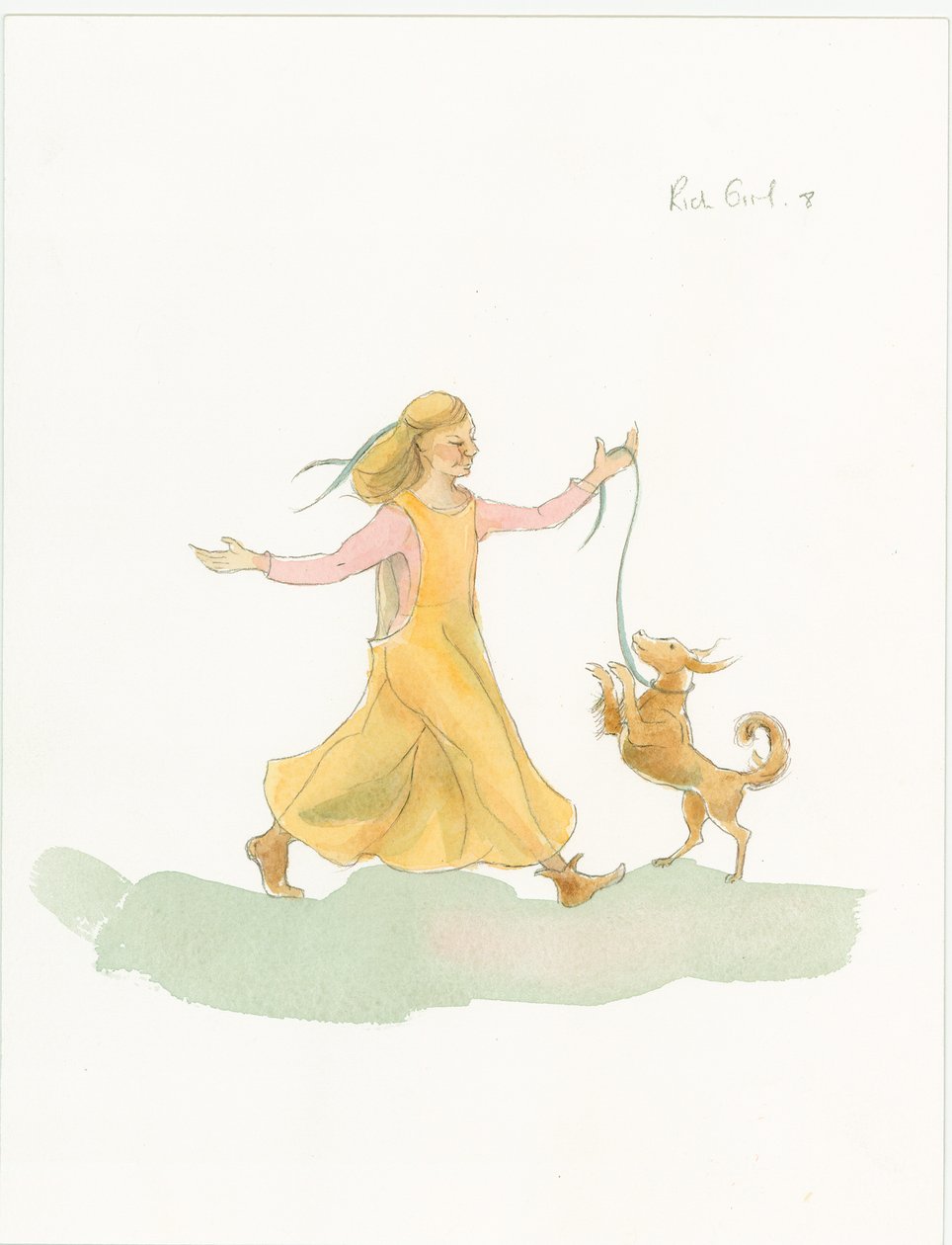 Eine mittelalterliche Frau spielt mit einem Hund, 2004 von Judith Dobie