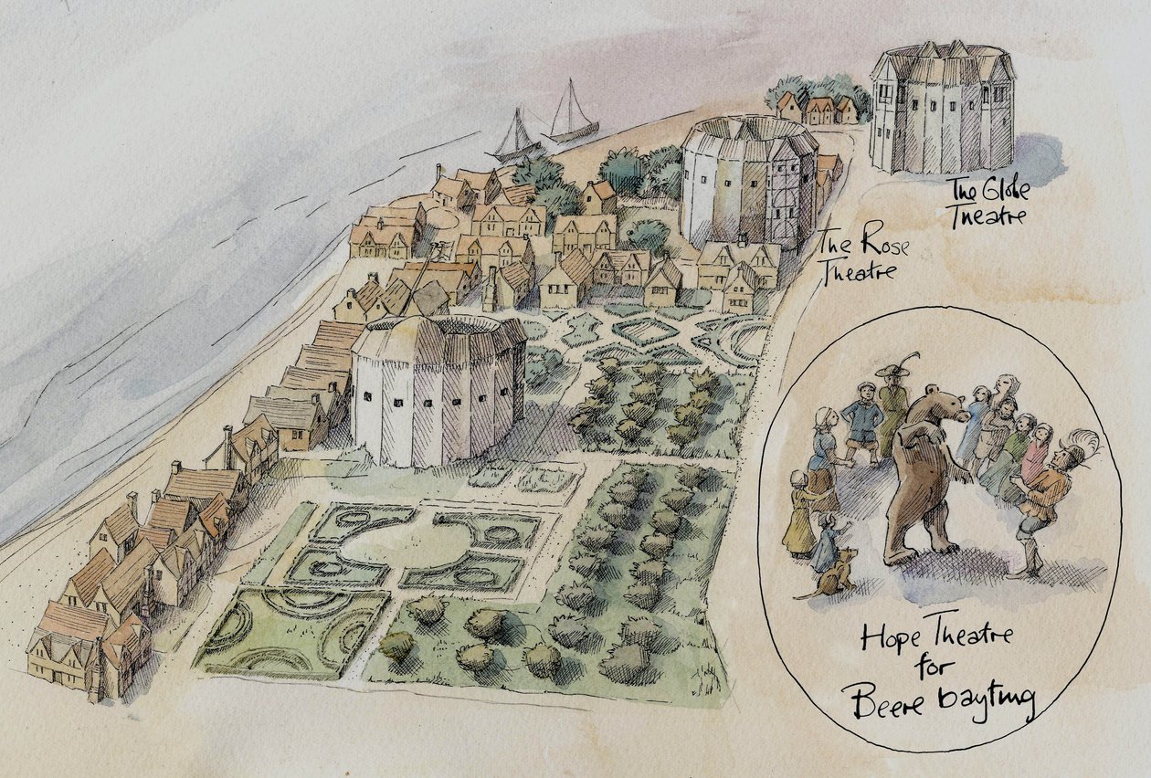 Hope Theatre, Rose Theatre und Globe Theatre, Southwark, London, ca. 1647 von Judith Dobie