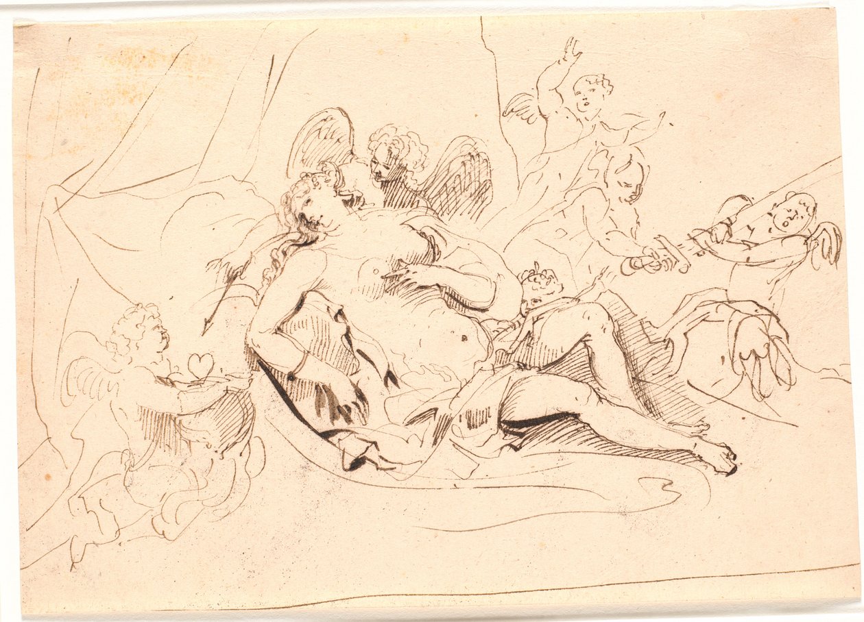 Ruhende Venusfigur, umgeben von sechs Putti, die mit Schwert, Pfeil und Herz spielen von Jürgen Ovens