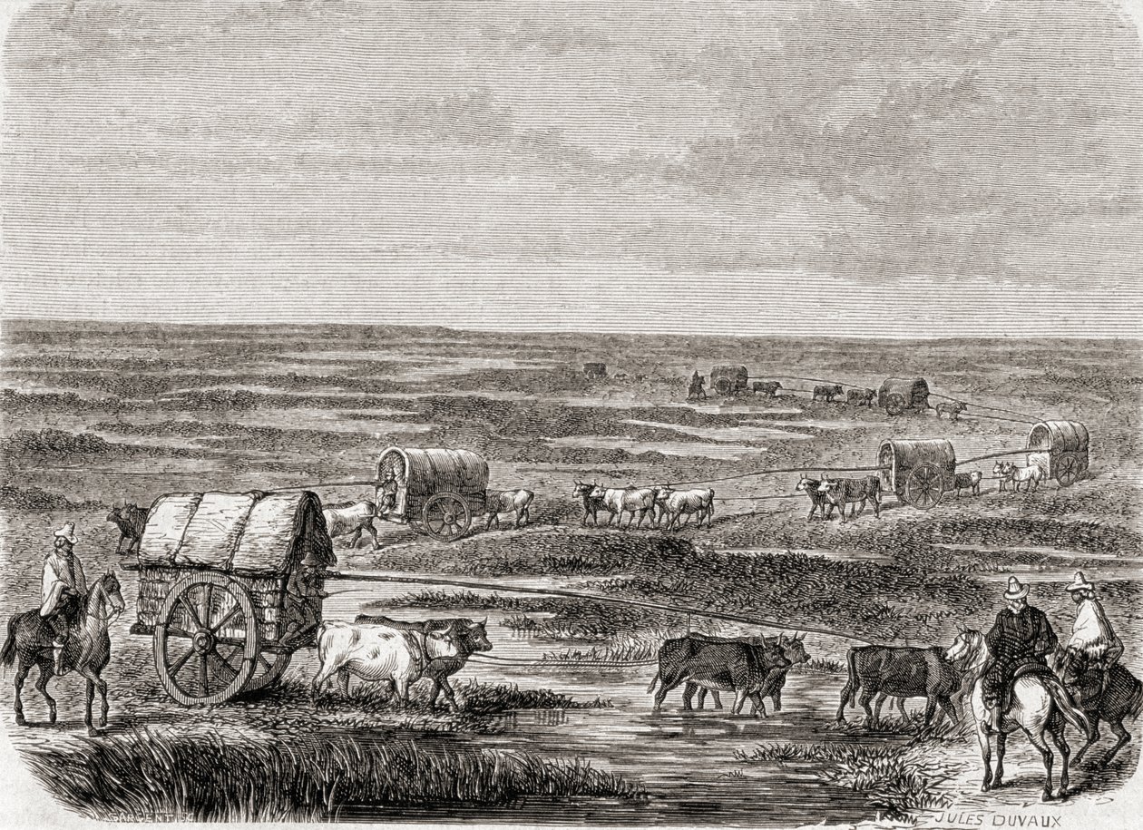 Wagenzug auf den argentinischen Pampas in den 1860er Jahren, graviert von Alfred Louis Sargent von Jules Antoine Duvaux