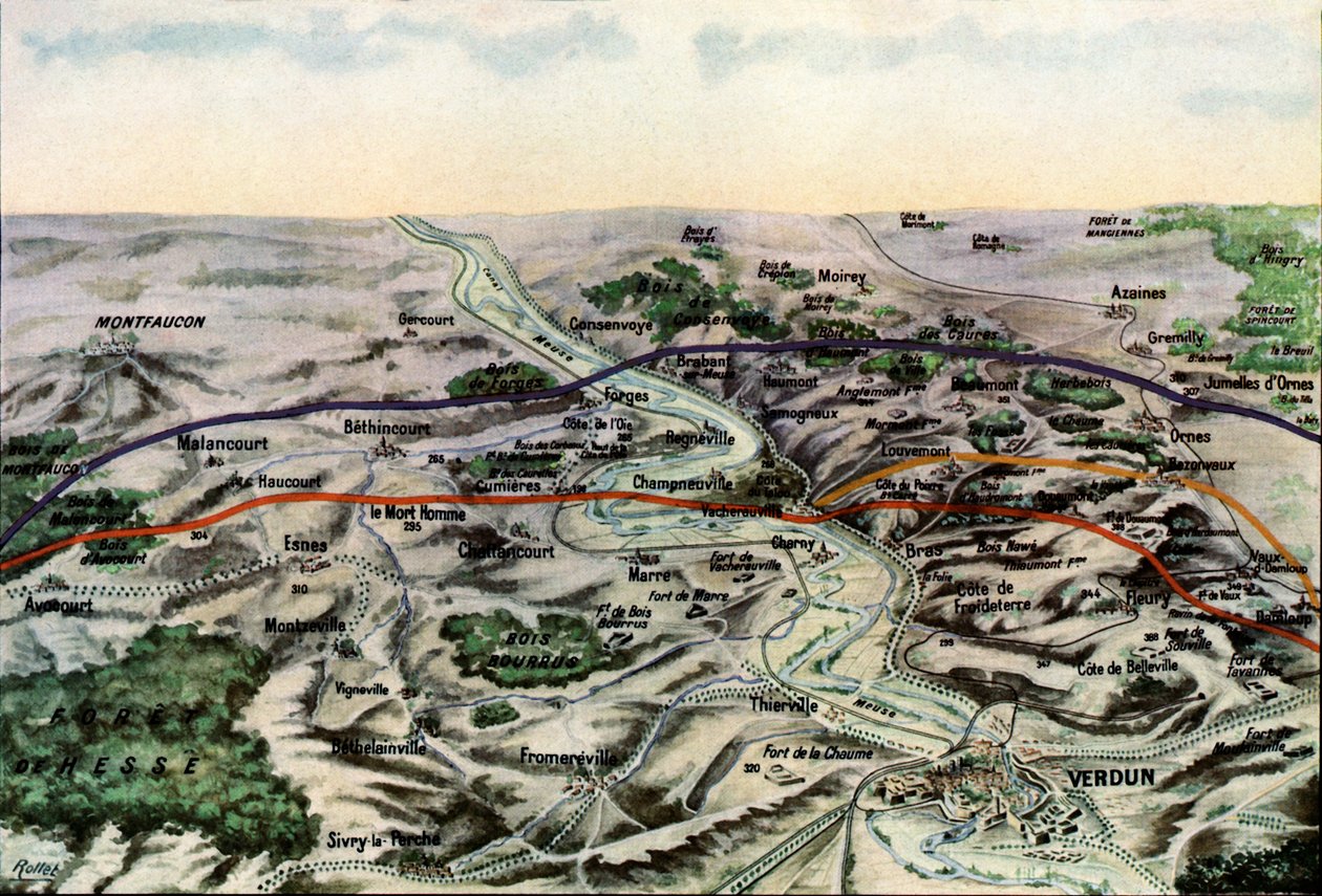 Fotografie einer französischen Karte, die die Schlachtfelder von Verdun zeigt, September 1916 von Jules Gervais Courtellemont