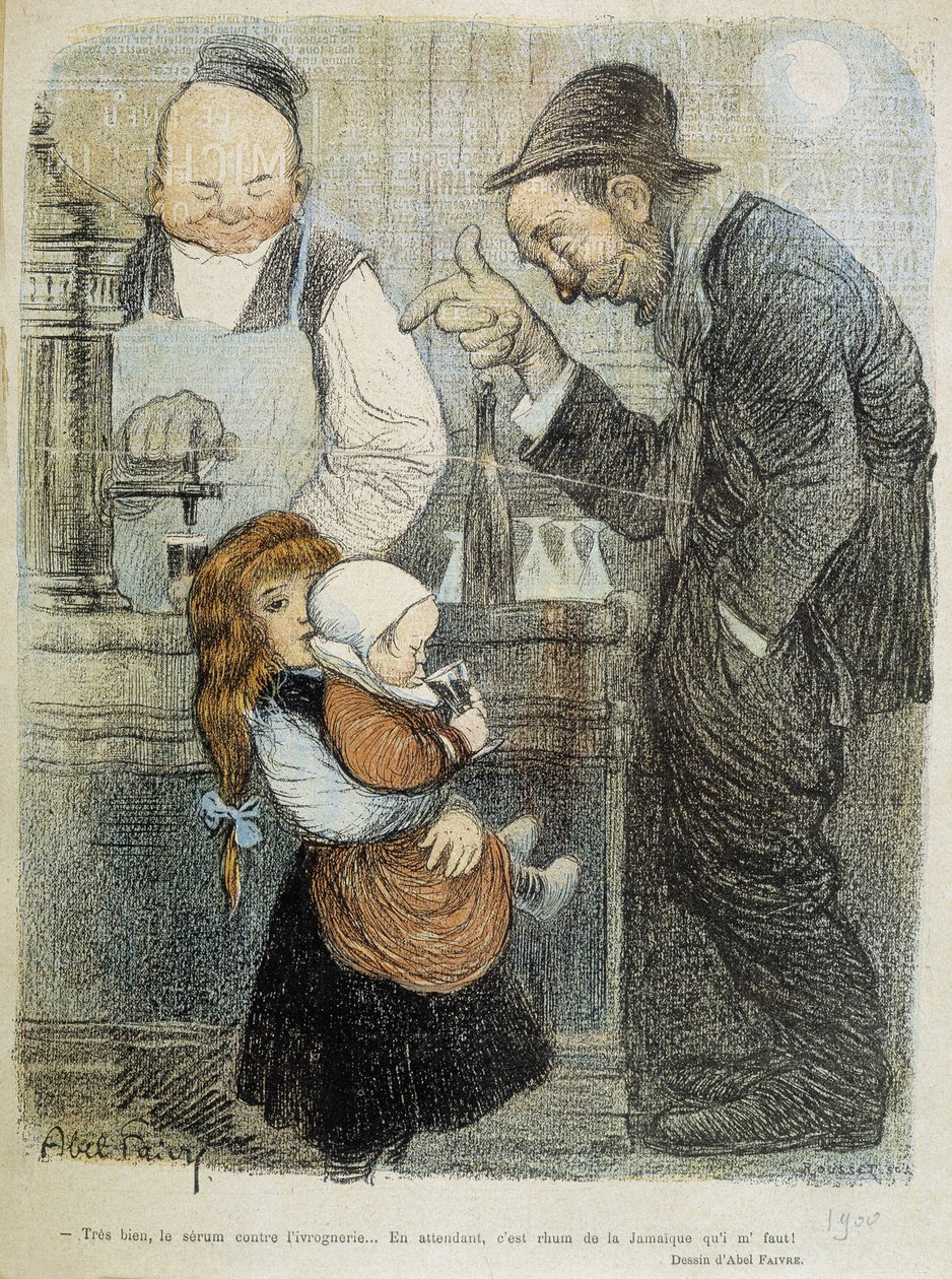 Alles klar, das Serum gegen Trunkenheit, in der Zwischenzeit brauche ich einen Rum aus Jamaika! - Zeichnung von Abel Faivre (1864-1945) von Jules Abel Faivre