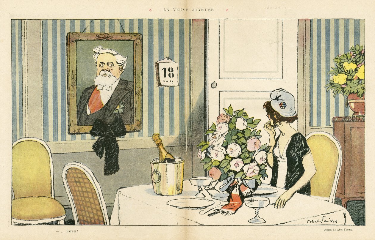 Illustration von Abel Faivre in Le Rire, 23/02/13 - Die freudige Witwe - Präsident der Republik, Porträt - Marianne, Fallieres Armand von Jules Abel Faivre