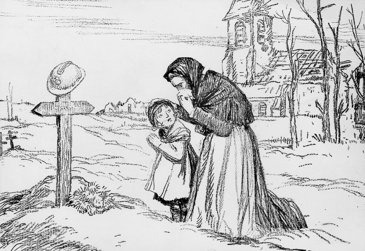 Witwe und ihre kleine Tochter weinen über das Grab ihres Vaters und Ehemanns während des Ersten Weltkriegs, 1. November von Jules Abel Faivre