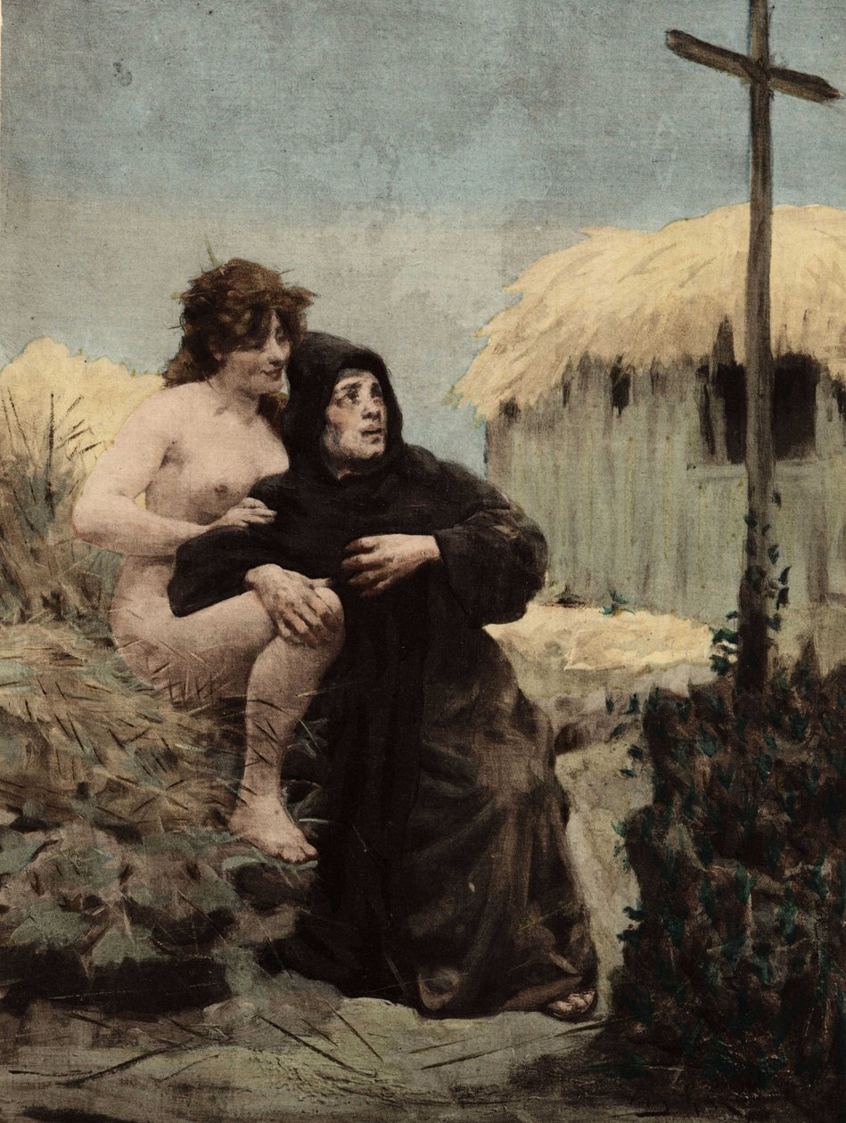 Ein Einsiedler von Thebaide und eine Frau vor einem Kreuz. Illustration von Jules Garnier. In "Rabelais et l