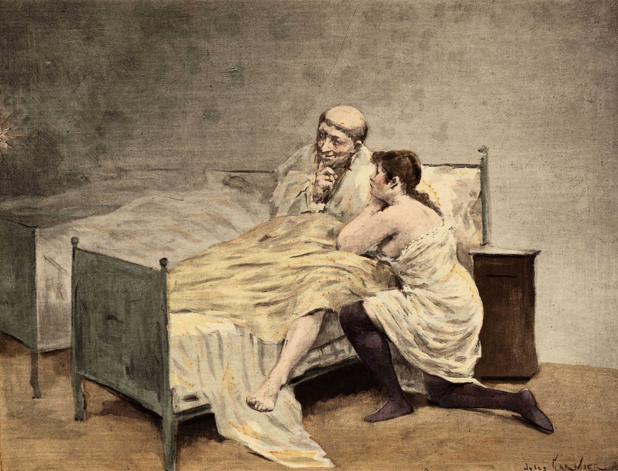 Ein junges Mädchen beichtet Bruder Royddimet, während sie in ihrem Bett sitzt. Pantagruel. Illustration von Jules Garnier. In „Rabelais et l