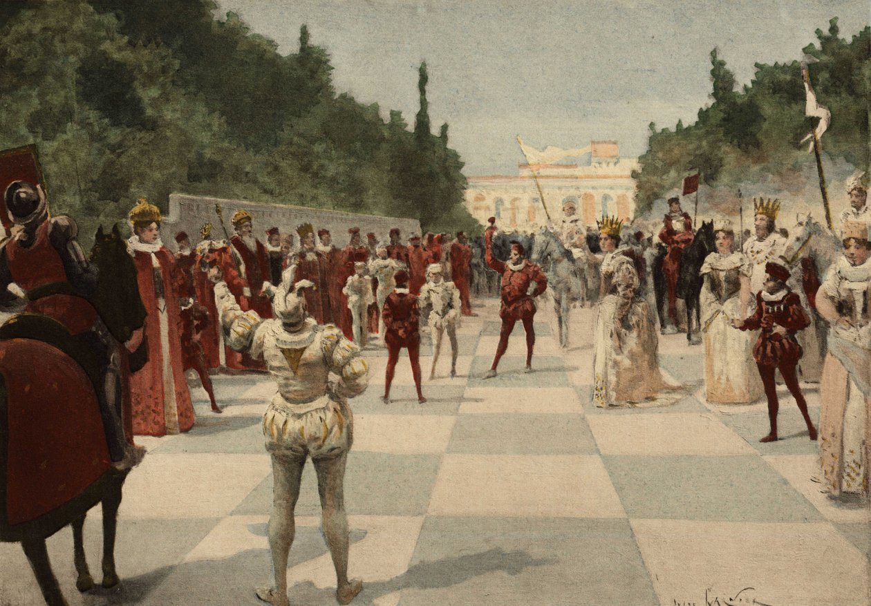 Ball organisiert von der Königin in Form eines Schachspiels, bei dem die Figuren Menschen sind. Königreich Entelechie. Pantagruel. Illustration von Jules Garnier. In „Rabelais et l