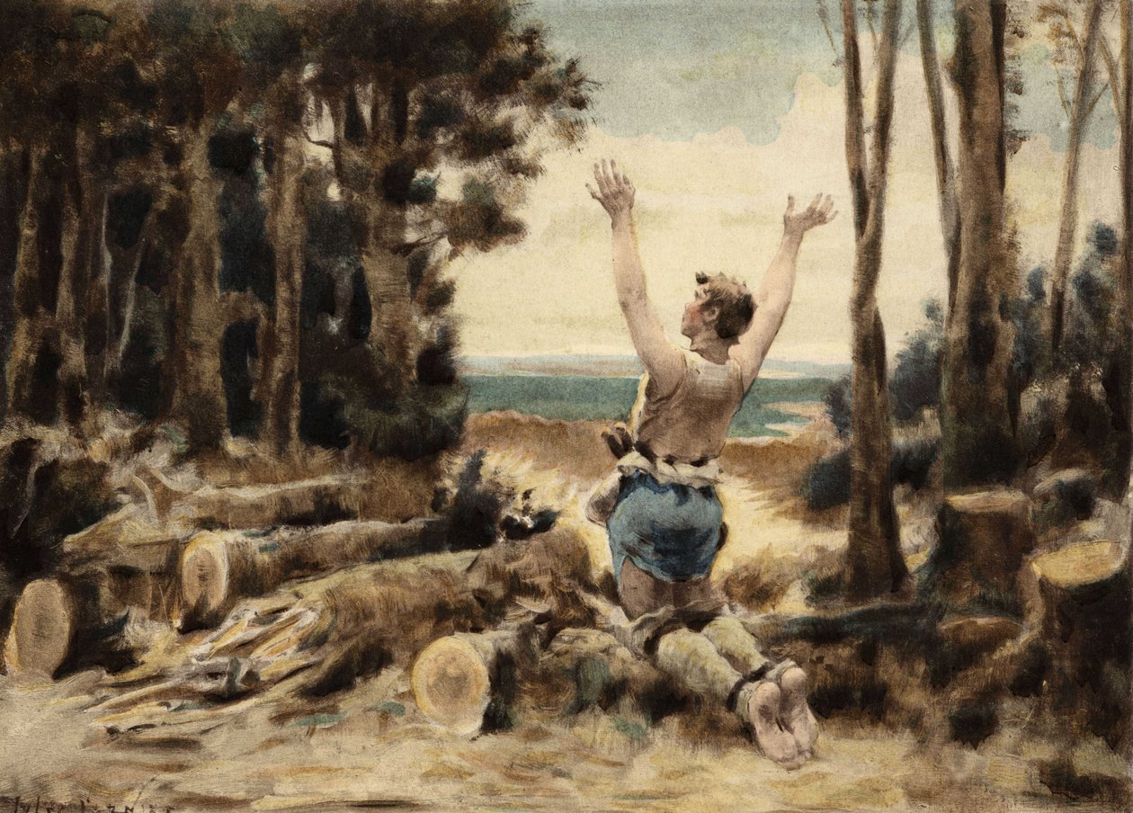 Couillatris, ein Holzfäller aus dem Dorf Gravot, in der Nähe von Chinon, beklagt sich darüber, seine Axt verloren zu haben. Pantagruel. Illustration von Jules Garnier. In „Rabelais et l