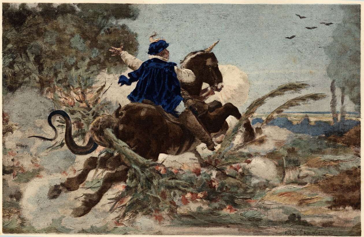 Gargantua auf seiner Stute zerstört den Wald von Beauce. Gargantua. Illustration von Jules Garnier. In „Rabelais et l