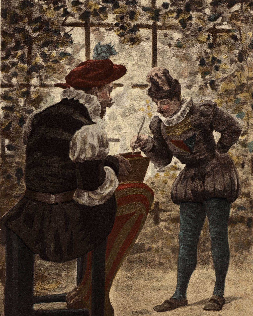 Pantagruel, hält ein Buch von Virgil, und Panurge. Pantagruel. Illustration von Jules Garnier. In „Rabelais et l