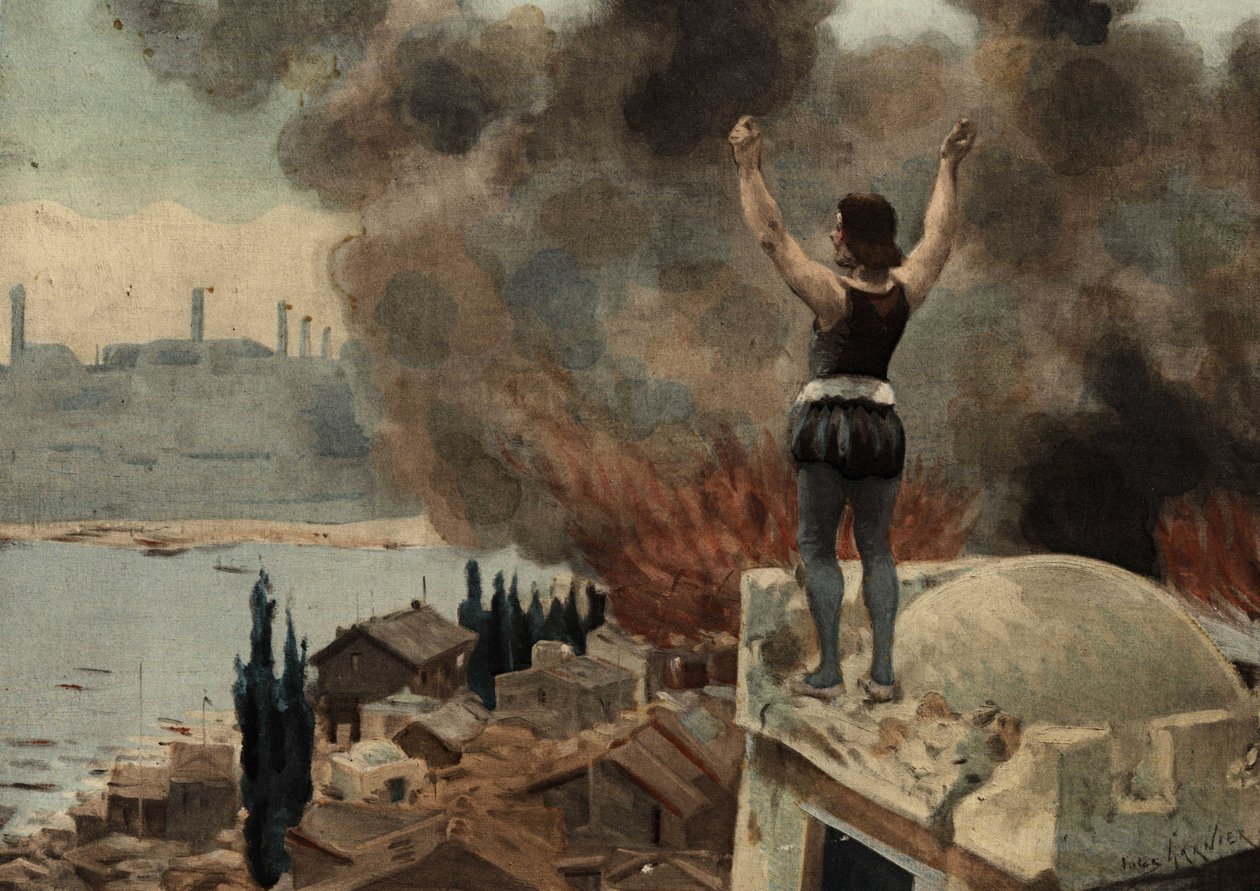 Panurge beobachtet Mytilene (Türkei) in Flammen. Pantagruel. Illustration von Jules Garnier. In „Rabelais et l