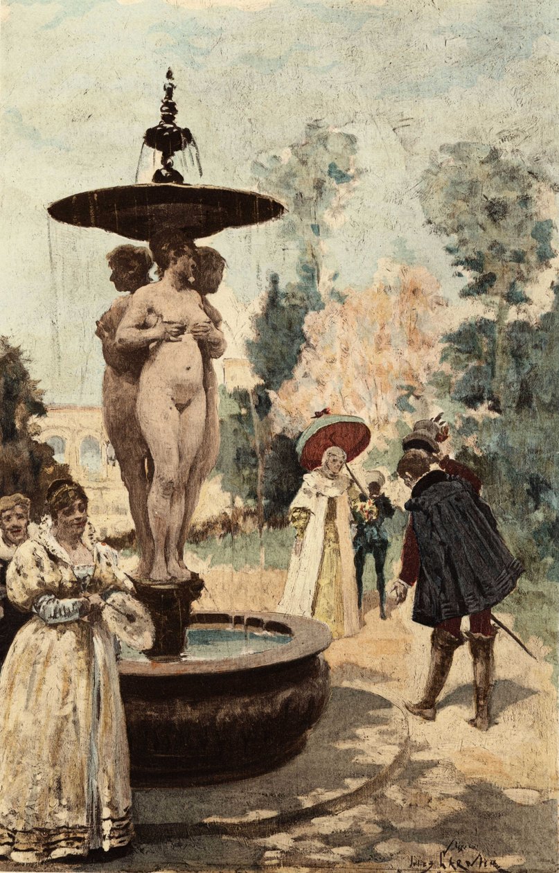 Der Brunnen der Abtei von Theleme, die drei Grazien. Illustration von Jules Garnier. In "Rabelais et l