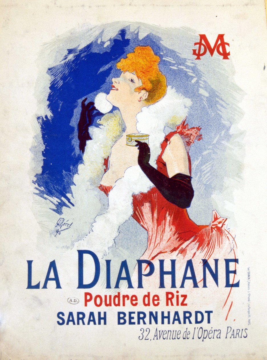 Werbung für „La Diaphane: Reispuder“ Henriette Rosine Bernard genannt Sarah Bernhardt von Jules Cheret