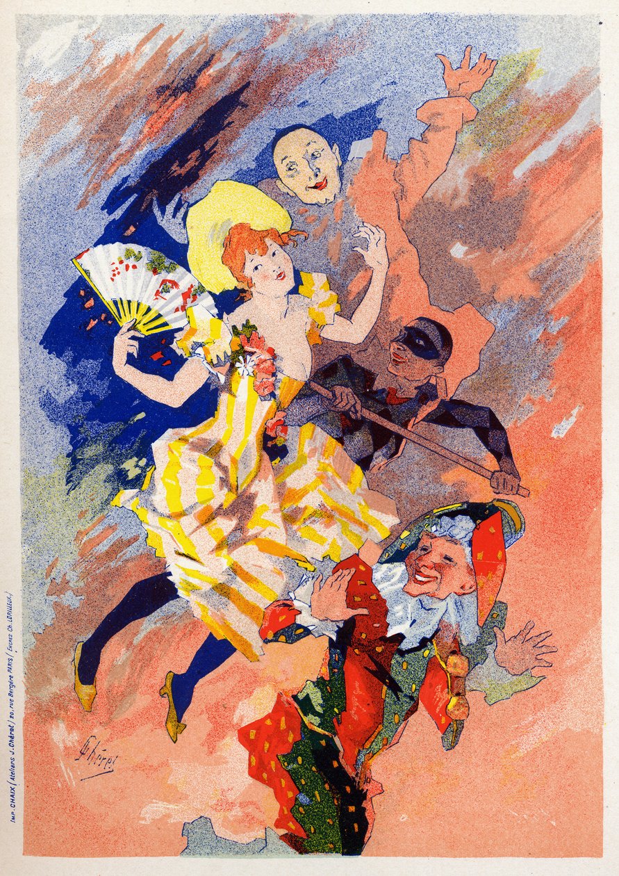 Kunst. Unterhaltung. Die Pantomimenvorstellung. Allegorie von Jules Cheret, Frankreich, um 1890 von Jules Cheret