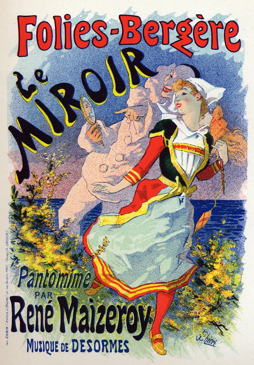 Kunst. Unterhaltung. Der Spiegel, Mimenshow im Kabarett Les Folies Bergeres, Paris. Plakat von Jules Cheret, Frankreich, ca. 1890 (Plakat) von Jules Cheret