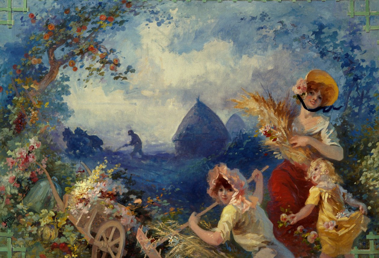 Die Erde, Allegorie junger Frauen mit Weizenbündeln vor einer Erntekulisse von Jules Cheret