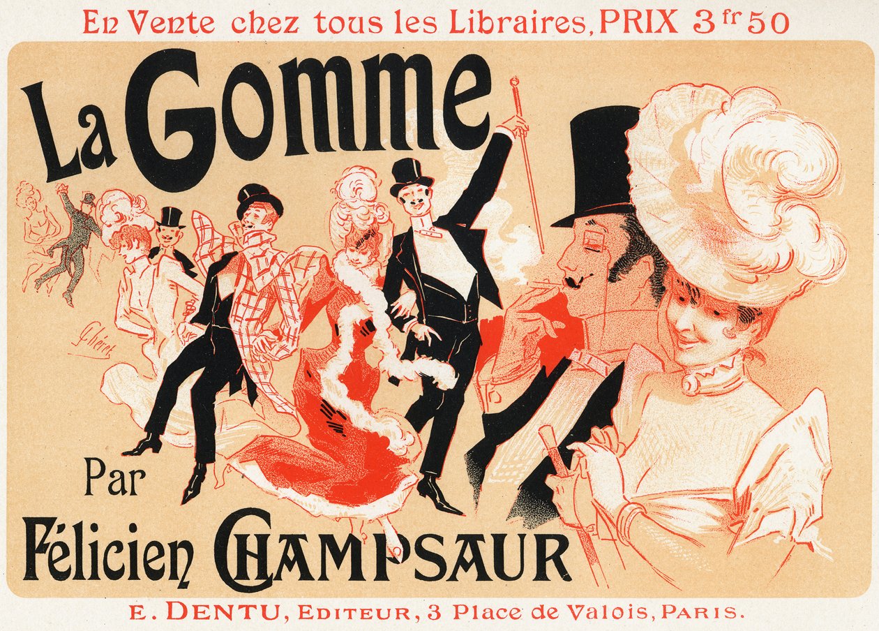 Bal in Paris. Plakat von Jules Cheret für das Stück: La Gomme, von Felicien Champsaur, um 1889 von Jules Cheret