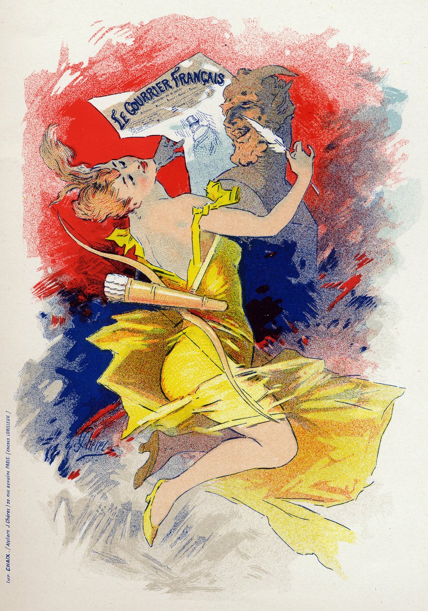 Literatur. Die Zeitung Le Courrier Francais. Allegorie von Jules Cheret, Frankreich, um 1890 von Jules Cheret