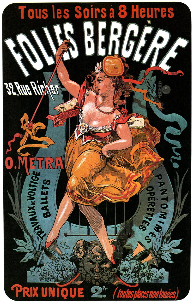 Plakat für das Folies-Bergere 1874 von Jules Cheret (1836-1932) - Akrobatik, Ballette, Pantomimen, Operetten, Tanz, Tänzer, Musikhalle (Musikhalle), fröhliches Paris, Paris bei Nacht von Jules Cheret