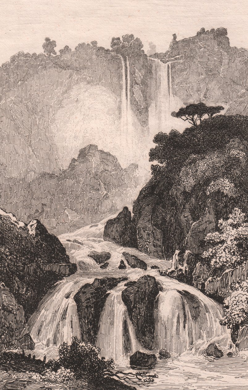 Ansicht der Marmore-Wasserfälle (Cascata delle Marmore) bei Terni, Umbrien, Italien, Stahlstich nach einer Zeichnung von Jules Coignet, ca. 14x20 cm von Jules Coignet