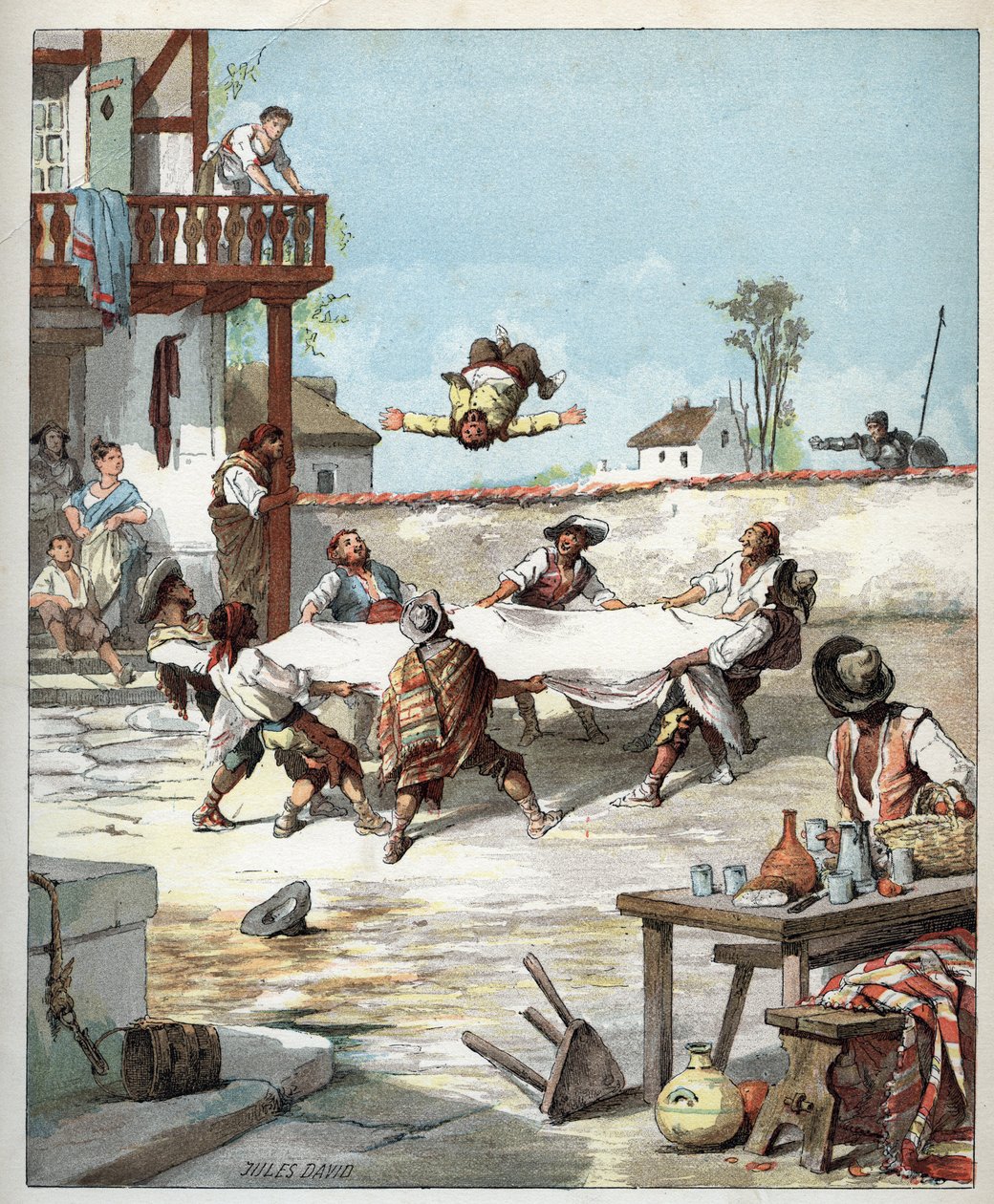 Sancho Panza wird in einem Gasthaus misshandelt und ruft seinen Herrn Don Quijote um Hilfe - Illustration von Jules David (1808-1892) aus „Geschichte von Don Quijote“ von Jules David